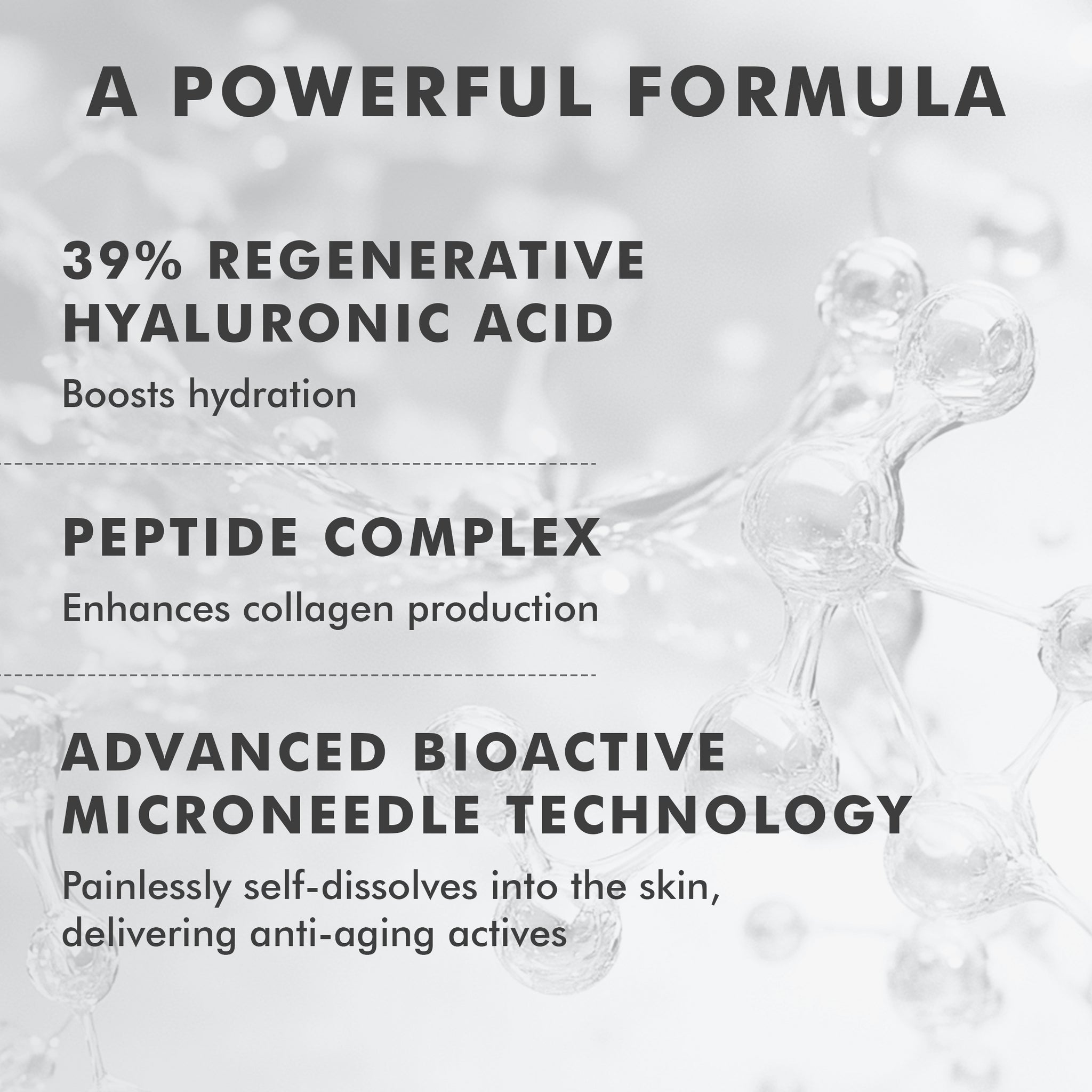 Clear serum droplet with text overlay describing hyaluronic acid, peptide complex, and microneedle technology features.