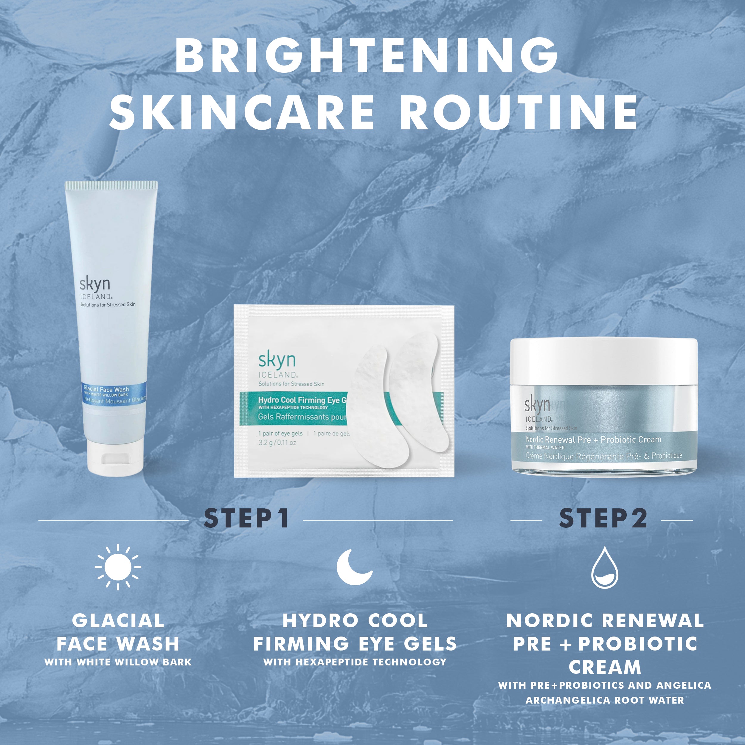 White and blue tube of Glacial Face Wash with gray cap on a blue textured background next to skincare product packaging and.