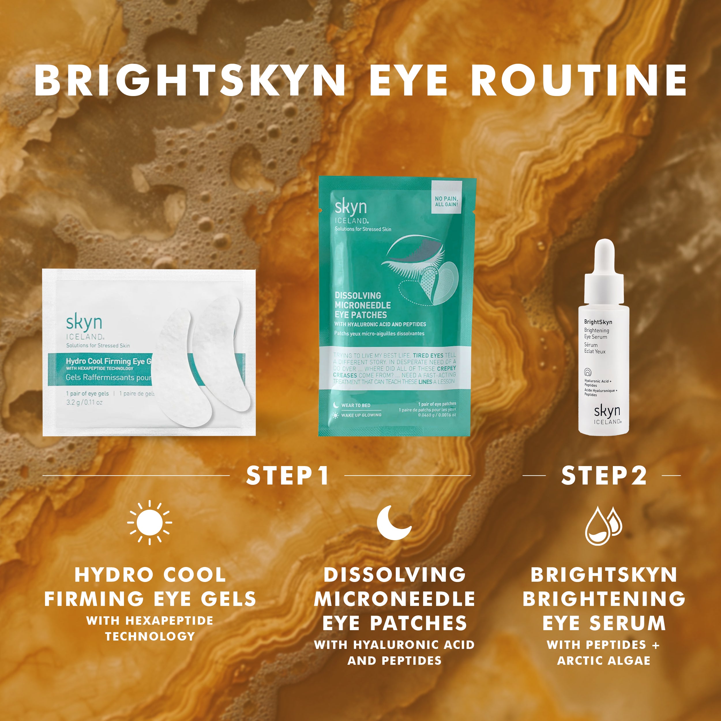 Brightening Eye Serum in a white dropper bottle with gray and teal label, shown alongside eye gels and dissolving mask.