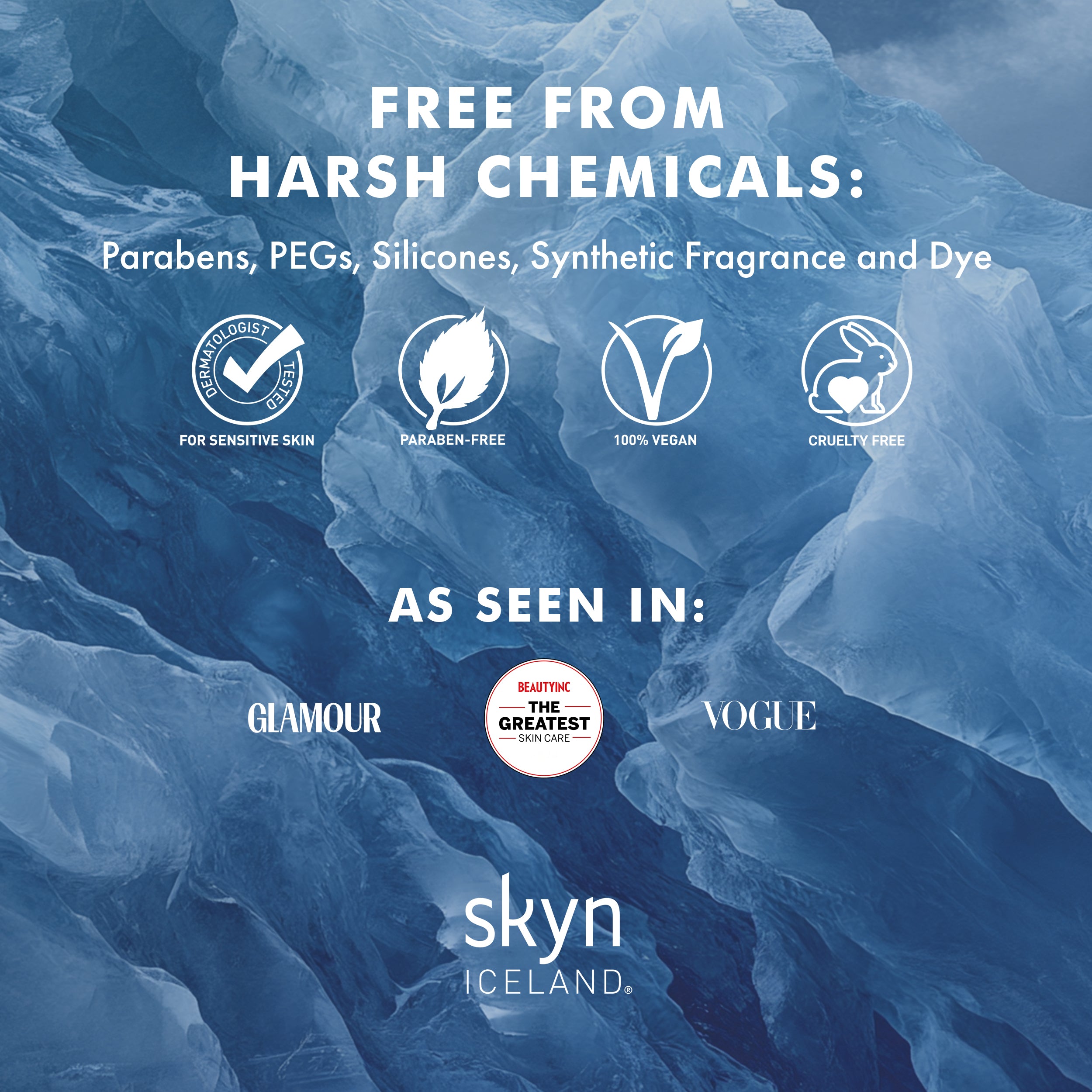 Blue floral background with white text and icons highlighting product free from harsh chemicals and featured in major.
