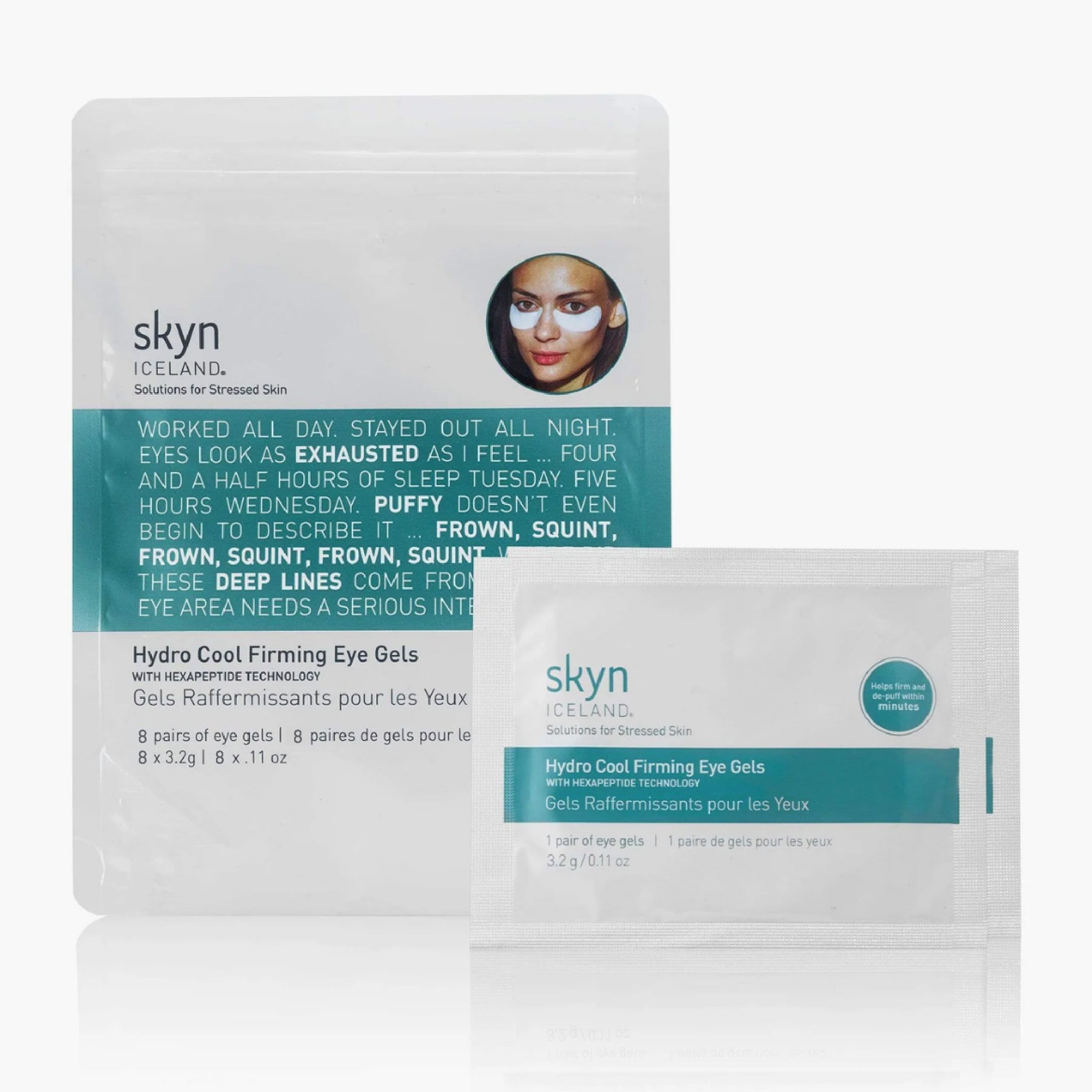 Skyn Iceland Hydro Cool Firming Eye Gels with teal label and white packet packaging.