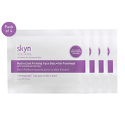 Set of four white sachets with purple branding labeled Hydro Cool Firming Face Gels for Forehead, each containing one gel.