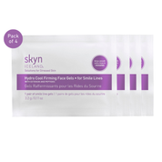 Pack of four white rectangular sachets with purple text labeled Hydro Cool Firming Face Gels for Smile Lines by Skyn Iceland.