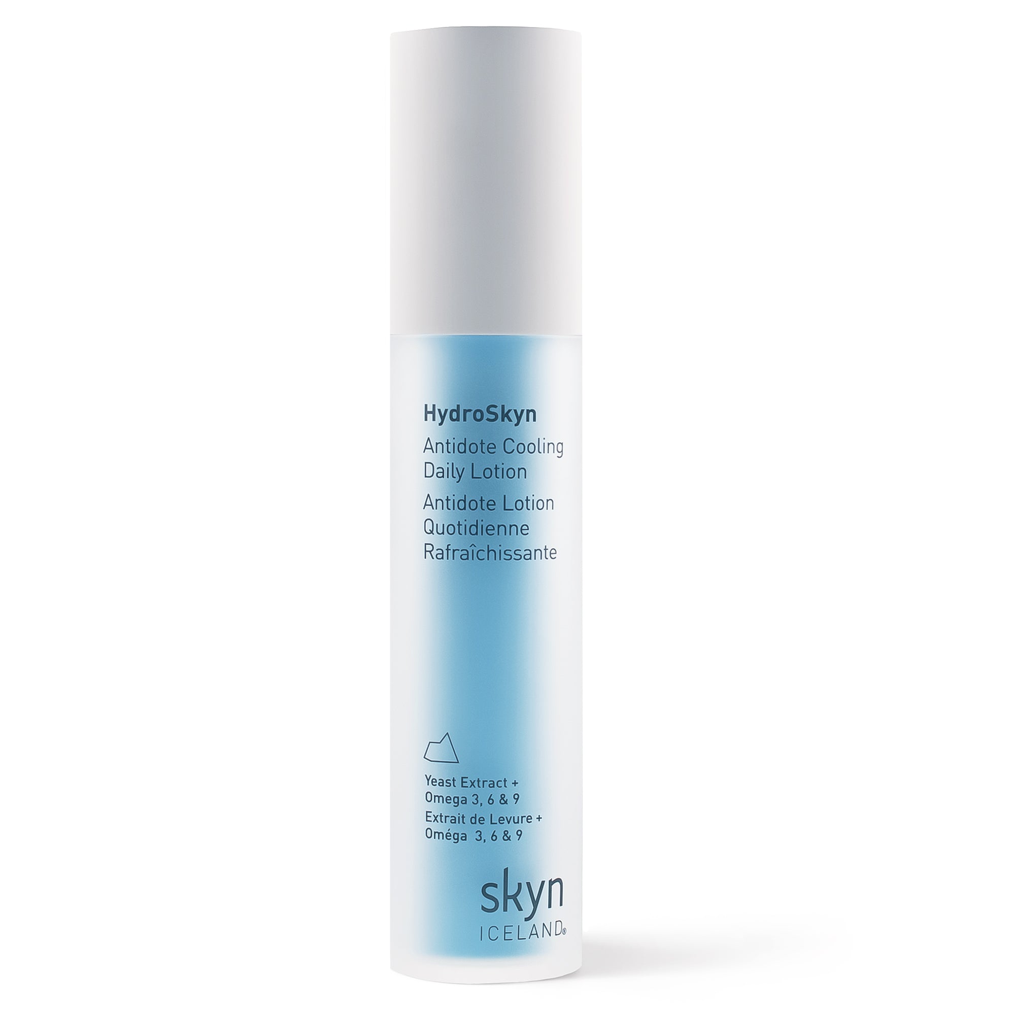 Tall cylindrical light blue bottle with white cap labeled Antidote Cooling Daily Lotion by Skyn.