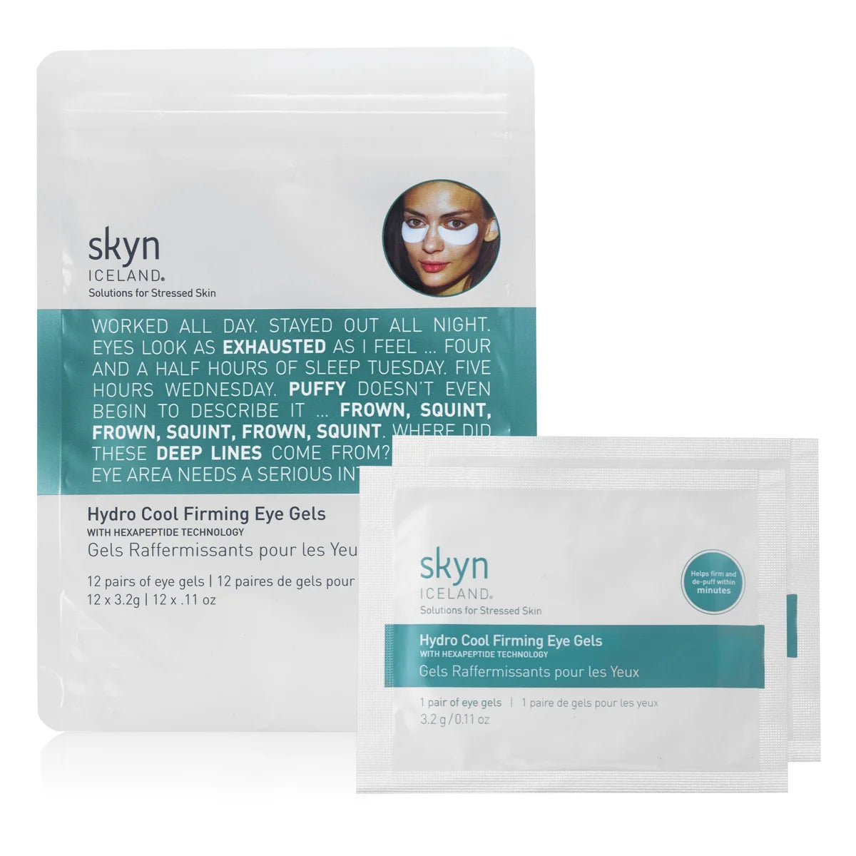 Skyn Iceland Hydro Cool Firming Eye Gels packet with four single-use foil sachets displayed in front.