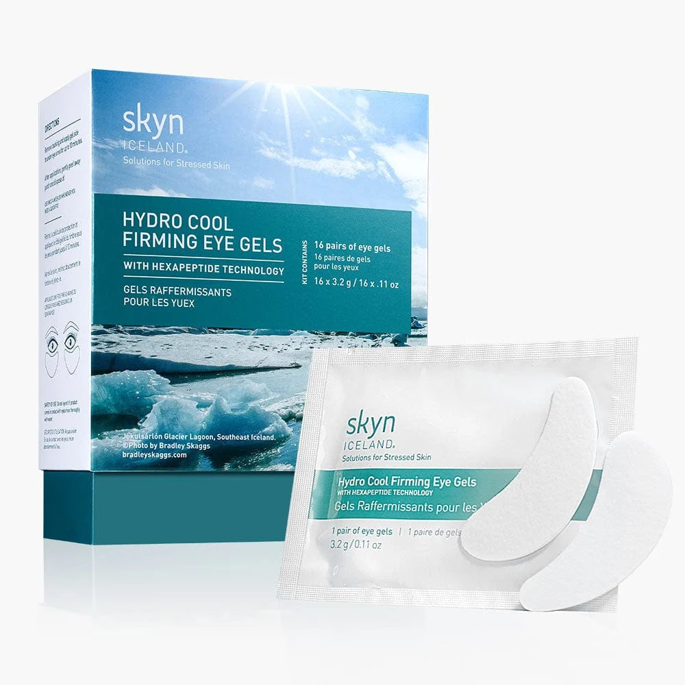 Skyn Iceland Hydro Cool Firming Eye Gels with white crescent-shaped patches and teal and white packaging.