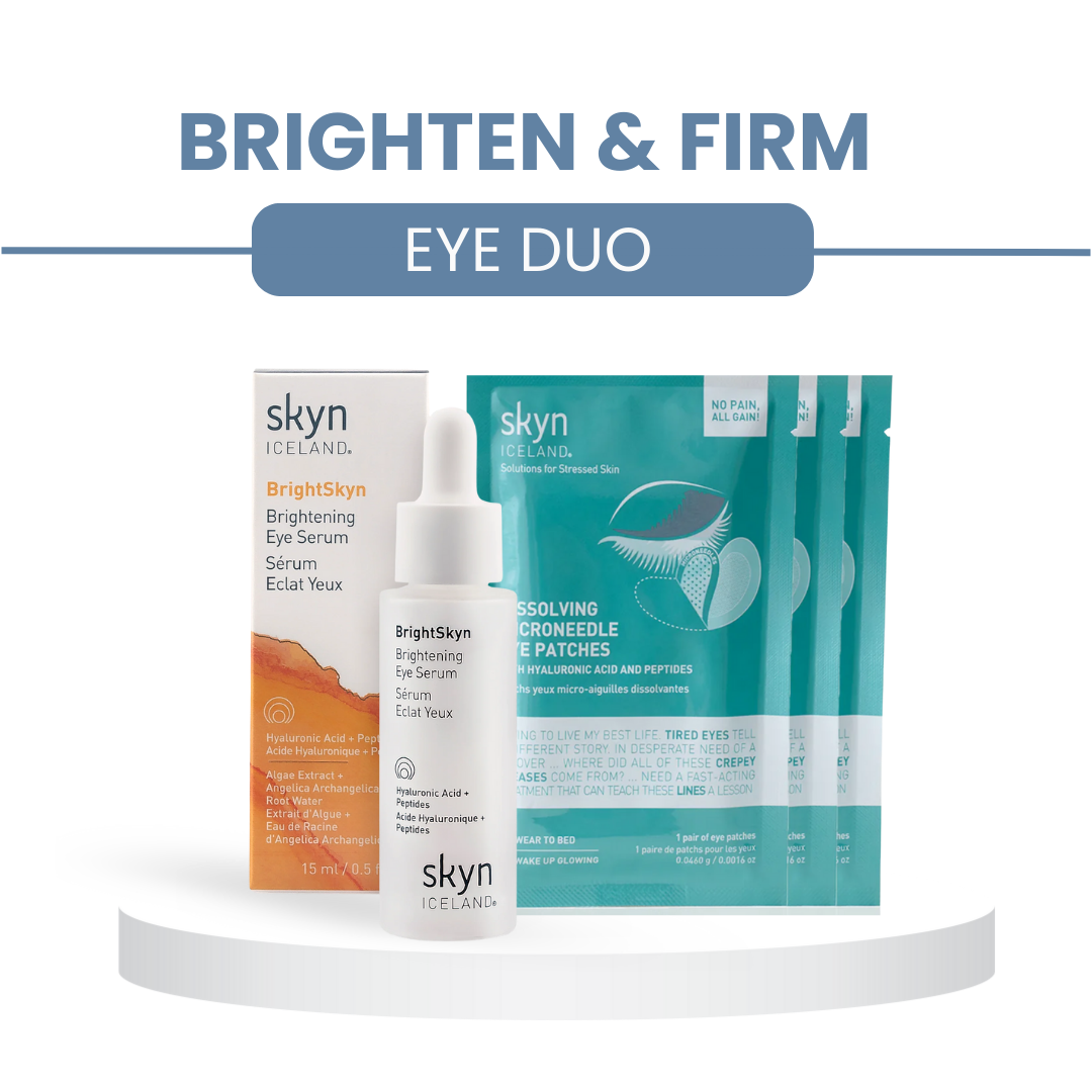 Brighten and Firm Eye Duo with white serum bottle and orange box alongside teal dissolving hydrogel eye patches packaging.