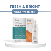 Two white and orange Skyn Iceland skincare bottles labeled Hydro Cool Firming Eye Gels and BrightSkyn Brightening Eye Serum.