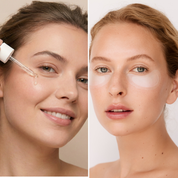 Close-up of two women showing eye care routine—one applying clear serum with a dropper, the other wearing white under-eye.