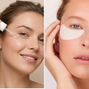 Woman applying clear serum with dropper near eye; close-up of woman wearing white under-eye gel patches.